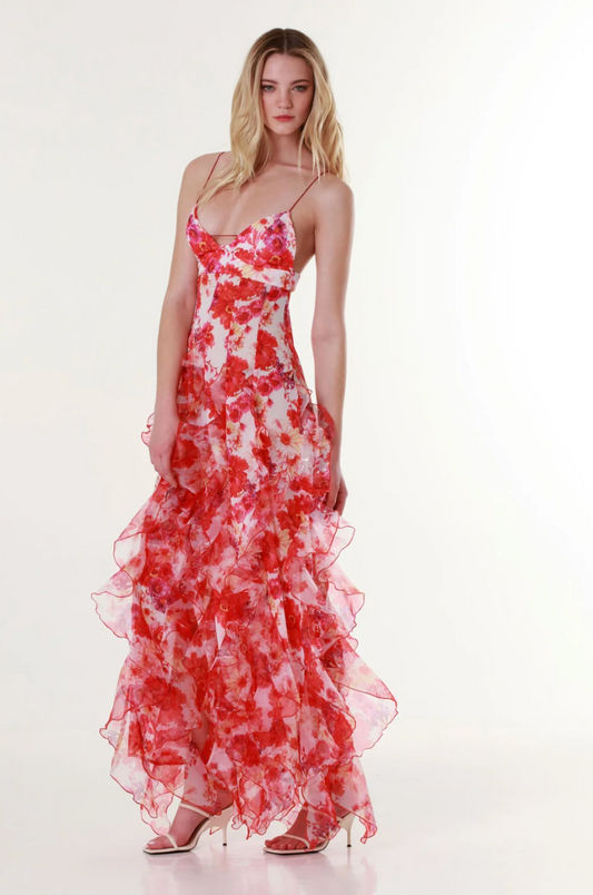 Menti Santorini Red Margarita Floral Maxi Dress