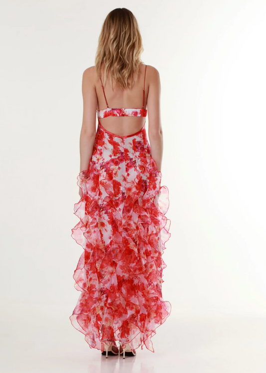 Menti Santorini Red Margarita Floral Maxi Dress